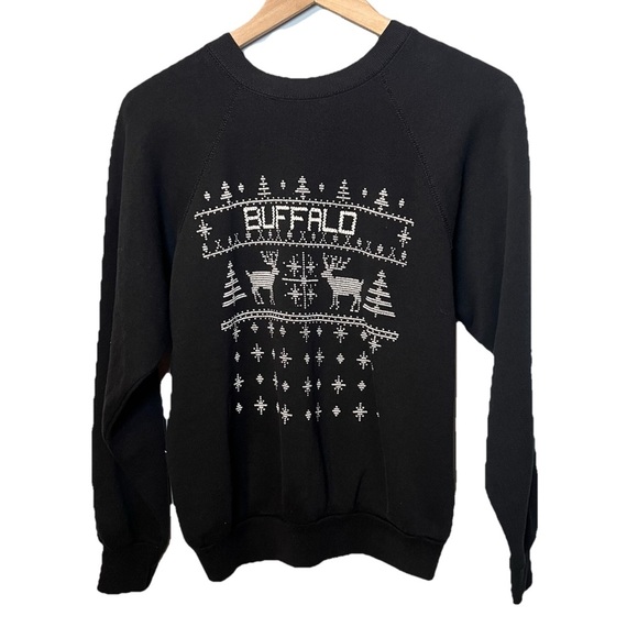 Vintage Christmas Sweatshirt Buffalo Crewneck Tultex size M black Made in USA - Picture 1 of 5